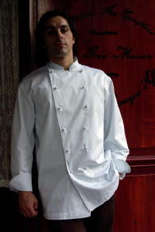 Chef Coat Style CBM100: Shown in White, 100% cotton Supima gabardine, with hand tied knot buttons.