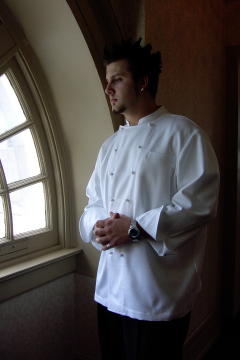 Chef Coat Style BSM100: Shown in White, 100% cotton gabardine, left chest tailored welt pocket & ball buttons.