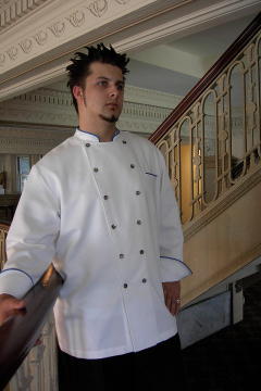Chef Chef Coat Style BSM100: Shown in White, 100% cotton gabardine, left chest tailored welt pocket, with copen piping (collar, cuffs & pocket) & Abalone buttons.