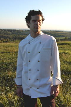 Chef Coat Style CBM101: Shown in White, 100% cotton Supima gabardine, left chest tailored welt pocket, cinder piping (collar, cuffs & pocket) & concho buttons.