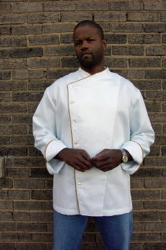 Chef Coat Style BSM105: Shown in white, 100% cotton petti point pique, cheviot gold piping (collar, front & cuffs) & faux mother-of-pearl buttons.