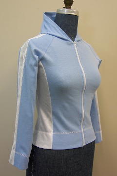 Custom made hooded sweat shirt shown in baby blue and white with full length zipper.
