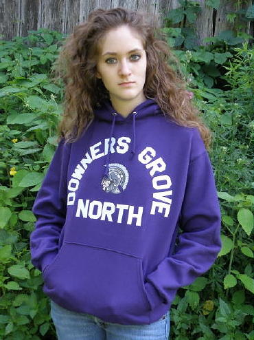Hoodie: Custom hoodie (hoody, hooded sweatshirt), personalized with tackle twill Downers Grove North & embroidered mascot on the front, tackle twill DGN & embroidered gymnastics on the back. Deep Royal, F170 Hanes 10 oz. PrintProXP 90/10 Pullover Hoodie.