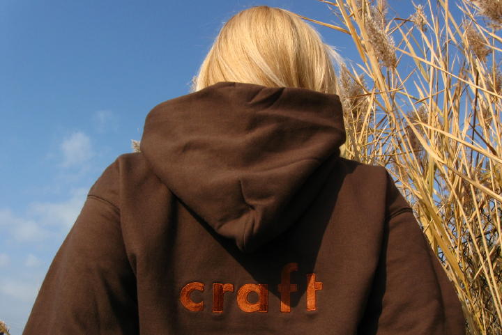 Hoodie: Custom hoodie (hoody, hooded sweatshirt), personalized with embroidered Craft logo on back. Dark Chocoltae, F170 Hanes 10 oz. PrintProXP 90/10 Pullover Hoodie.