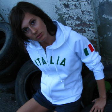 Hoodie: Custom hoodie (hoody, hooded sweatshirt), personalized with heat applied "ITALIA' on front and embroidered Italin flag on shoulder sleeve. White, W280 Hanes Ladies' 8 oz., 80/20 Fleece Full-Zip Hoodie.