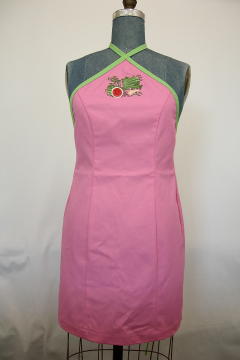 Women's Bib apron style W742; Shown in pink & lime, 100% cotton denim with embroidered watermelon botanical on center chest.