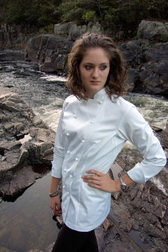 Women's Chef Coat Style CBW100: Shown in White, 100% cotton Supima gabardine, & hand sewn ball buttons.