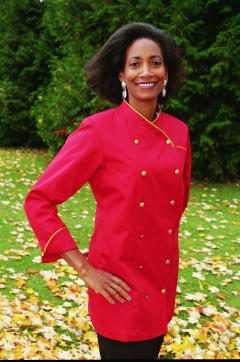 Women's Chef Coat Style BSW101: Shown in Red, 100% cotton denim, Cheviot Gold piping (collar, cuffs & pocket), Left chest tailored welt pocket, & brass buttons.