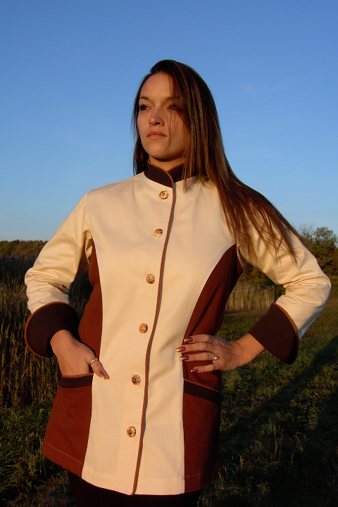 Women's Chef Coat Style BSW103: Shown in ivory, nutmeg & espresso, 100% cotton denim, date piping (collar, front, cuffs & pockets) two front hip tailored welt pockets, & burnt bone buttons.