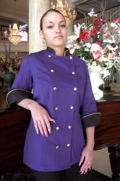 Women's Chef Coat Style BSW100: Shown in purple & black, 100% cotton Denim, Cheviot gold piping (collar & cuffs) & brass buttons.