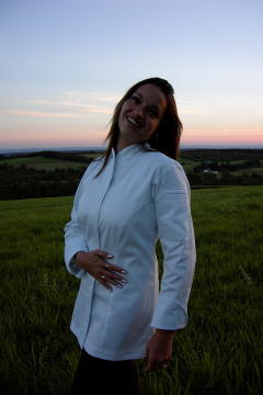 Women's Chef Coat Style CBW103H: Shown in white Supima gabardine, with left shoulder sleeve tailored welt pocket.